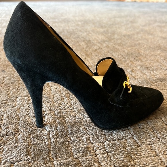 Vintage Colin Stuart black suede gold accent buckle loafer style heels pumps 7.5 - Picture 13 of 16